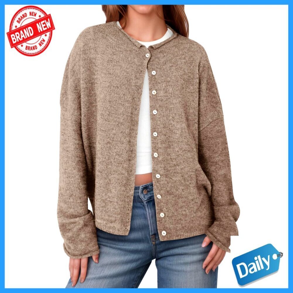 Lightweight Knit Cardigan Sweater Long Sleeve Crew Neck Button Up Loose Fit
